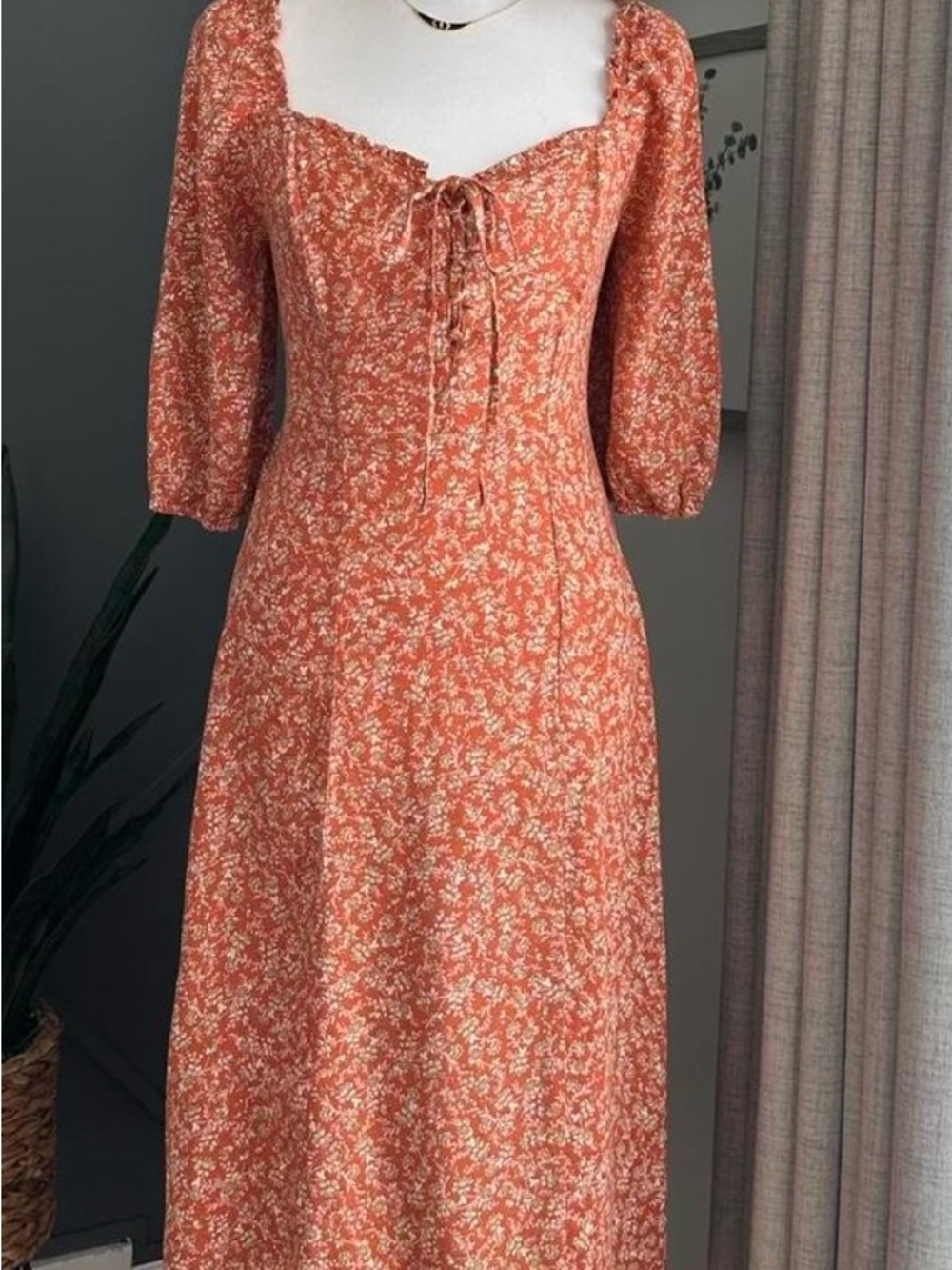 Sincerely Jules Light Puff Sleeve Side Slits Lace Up Midi Dress